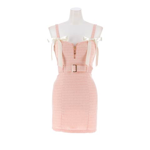 2/6新作!肩リボン×細見えベルトが可愛いくすみカラーツイードミニ丈キャバドレス[SML/3サイズ展開](ダスティオレンジ-Sサイズ)