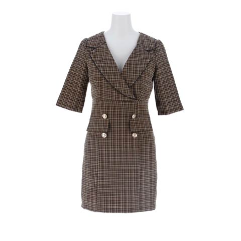 3/13新作!襟付き上品チェックツイードの二の腕隠し五分袖Vネックダブルボタン五分袖タイトミニ丈キャバドレス[SML/3サイズ展開](ブラウン-Sサイズ)