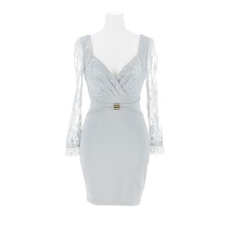 3/23新作!二の腕隠しレース長袖×脚長効果♪カシュクール切り替えのタイトミニ丈キャバドレス[SML/3サイズ展開](ブルーグレー-Sサイズ)