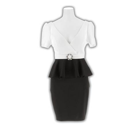 3/13新作![伊藤桃々着用]谷間魅せVカット×お腹カバー♪ ウエストビジュー付きペプラムタイトミニ丈キャバドレス[M-LL/3サイズ展開](ホワイトXブラック-Mサイズ)