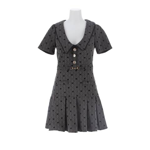 3/30新作!細見せ効果のベルト付きAライン×リボン柄チェックストライプ襟付きミニ丈キャバドレス[SML/3サイズ展開](ダークグレー-Sサイズ)