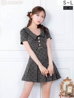 3/30新作!細見せ効果のベルト付きAライン×リボン柄チェックストライプ襟付きミニ丈キャバドレス[SML/3サイズ展開]