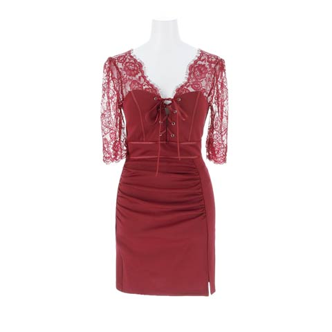 4/3新作!胸元レースアップがSEXY♪二の腕隠せる刺繍レース五分袖タイトミニ丈キャバドレス[SML/3サイズ展開](レッド-Sサイズ)