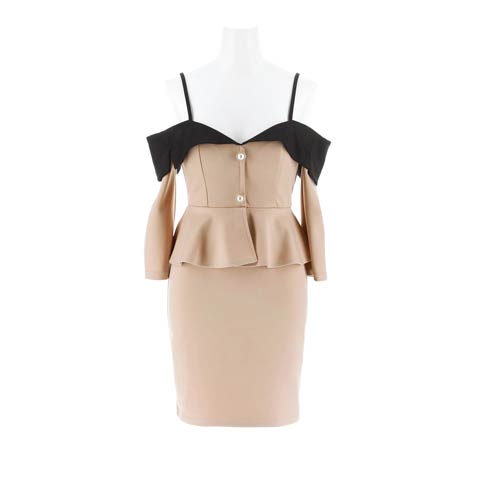 4/20新作!バイカラーとパールボタンが大人上品♪ペプラムオフショルタイトミニ丈キャバドレス[SML/3サイズ展開](ブラック×ベージュ-Sサイズ)