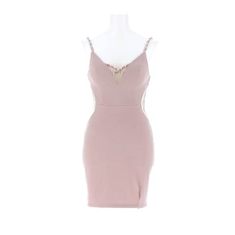 4/27新作![伊藤桃々着用]シアーカット×パールが上品♪クロスデザイン×深VカットでSEXYに魅せる大人タイトミニ丈キャバドレス[SML/3サイズ展開](パープルグレー-Sサイズ)