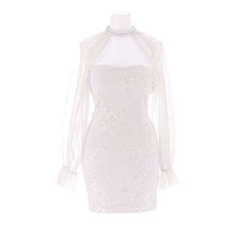 4/1新作![明日花キララ着用]二の腕隠せるシアーレース長袖×谷間魅せカットアウトのタイトミニ丈キャバドレス[SML/3サイズ展開](パープルグレー-Sサイズ)