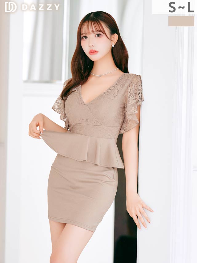 【累計4200枚販売】谷間ジップ×くびれ爆誕カットのフラワーレースタイトミニ丈キャバドレス[SML/3サイズ展開]