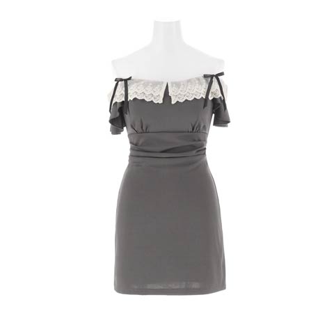 4/6新作!デコルテ魅せオフショル×二の腕隠し♪肩リボンフリルレースのタイトミニ丈キャバドレス[SML/3サイズ展開](グレー-Sサイズ)