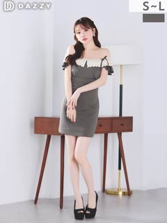 4/6新作!デコルテ魅せオフショル×二の腕隠し♪肩リボンフリルレースのタイトミニ丈キャバドレス[SML/3サイズ展開]