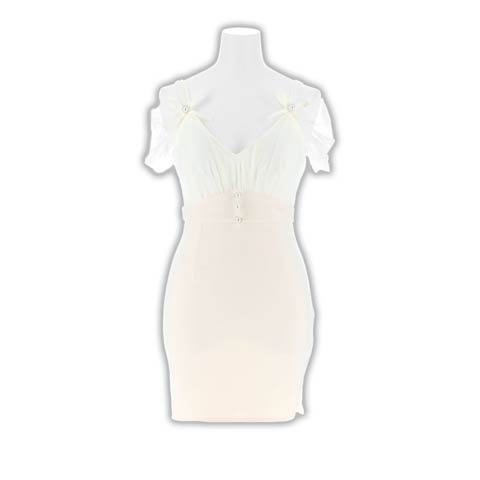 3/4新作!谷間魅せVカット×チュール袖にリボンが映える高級感パールボタンタイトミニ丈キャバドレス[SML/3サイズ展開](アイボリー-Sサイズ)