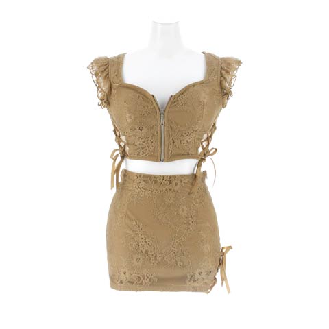 3/23新作!谷間魅ジップでトレンド肌魅せする総レースのサイドレースアップセットアップキャバドレス[XS～M/3サイズ展開](ベージュ-XSサイズ)