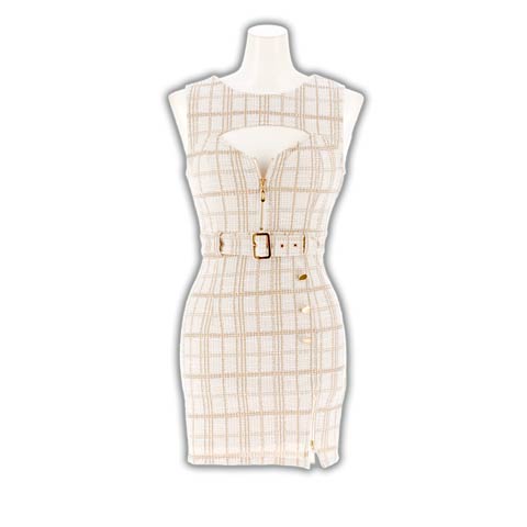 2/12新作!大人可愛いチェック柄のフロントジップ×ベルトモチーフのタイトミニ丈ドレス[SML/3サイズ展開](ホワイトXブラウン-Sサイズ)