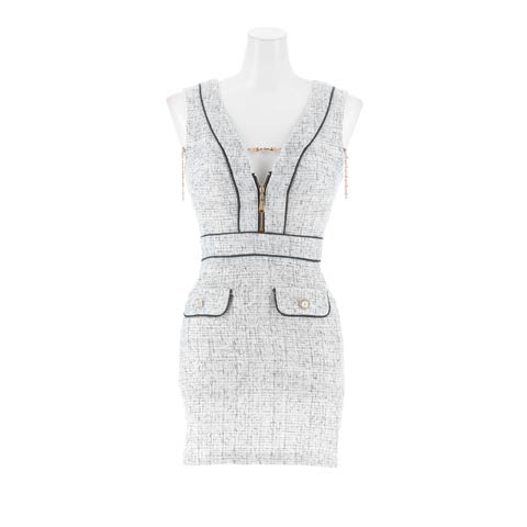 2/6新作!曲線美が際立つキラキラパイピングツイード谷間ジップタイトミニ丈キャバドレス[SML/3サイズ展開](グレー-Sサイズ)