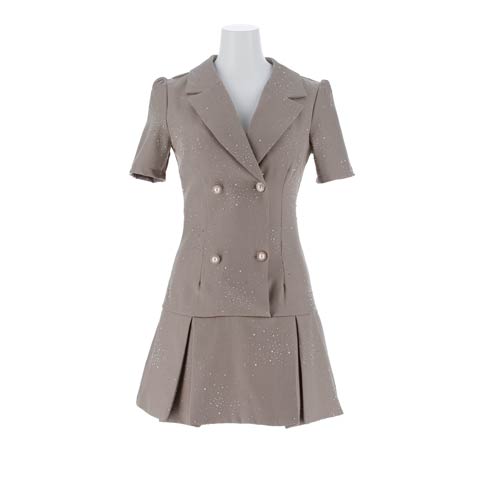 2/25新作!ラインストーン輝くWボタンビジュー×テーラードのAラインミニ丈キャバドレス[SML/3サイズ展開](グレージュ-Sサイズ)