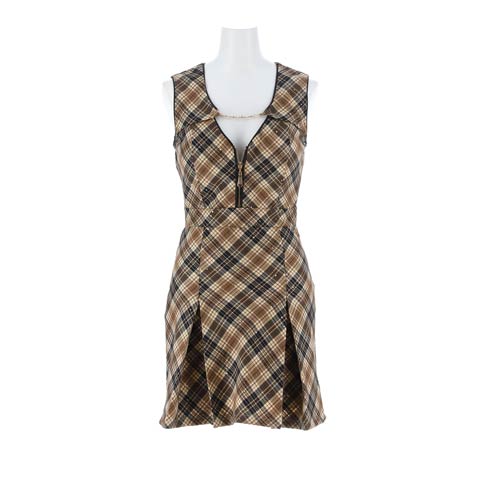 4/22新作!チェック柄谷間魅せジップで視線釘付け！お尻カバーも叶うチェック柄チェーンAラインミニ丈キャバドレス[SML/3サイズ展開](ブラウン-Sサイズ)