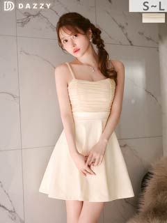 4/15新作!ふんわりAライン×バスト強調シャーリング♪肩紐ビジューのミニ丈キャバドレス[SML/3サイズ展開]