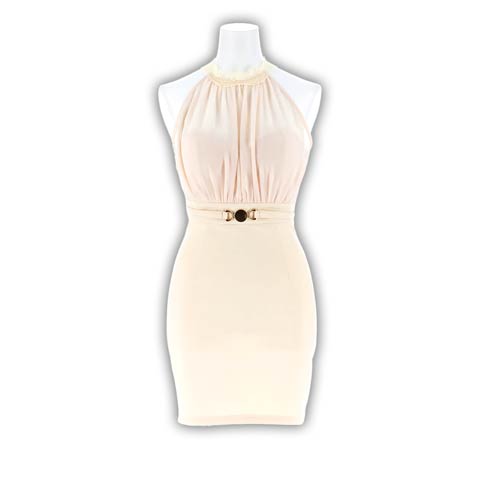 4/6新作!くびれ強調バックルベルト×優雅なドレープ♪ハイネックレースアメスリタイトミニ丈キャバドレス[SML/3サイズ展開](クリーム-Sサイズ)