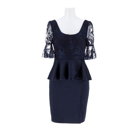 4/8新作!【LLサイズまであり】[伊藤桃々着用]大人レディな二の腕隠せる五分袖レース×お腹カバーペプラムのタイトミニ丈キャバドレス[M~LL/3サイズ展開](ネイビー-Mサイズ)