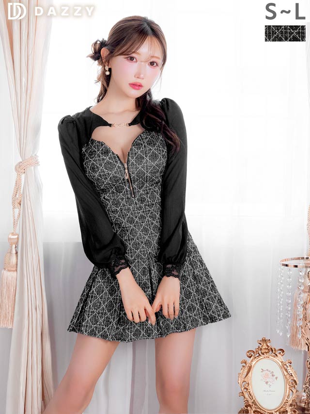 3/13新作!今っぽツイードプリーツAライン×シアー袖が大人可愛い谷間魅せミニ丈キャバドレス[SML/3サイズ展開]