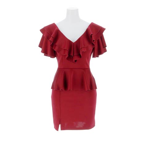 3/18新作![伊藤桃々着用]贅沢フリルで美デコルテ魅せVネックペプラムスリットタイトミニ丈キャバドレス[SML/3サイズ展開](レッド-Sサイズ)