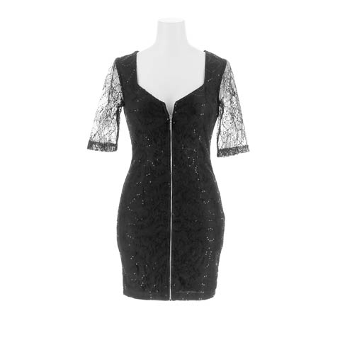 4/6新作![伊藤桃々着用]二の腕隠しレース袖×谷間魅せフルジップのスパンコールタイトミニ丈キャバドレス[SML/3サイズ展開](ブラック-Sサイズ)