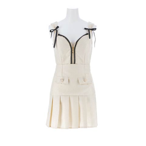 4/13新作!お尻カバー×谷間魅せ♪フロントジップが目を惹くリボンプリーツAラインミニ丈キャバドレス[SML/3サイズ展開](アイボリー-Sサイズ)