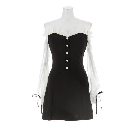 4/22新作![伊藤桃々着用]長袖なのに色っぽい♪デコルテ見せオフショル×お尻隠せるクラシカルAラインミニ丈キャバドレス[SML/3サイズ展開](ブラック-Sサイズ)