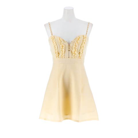 3/25新作![明日花キララ着用]谷間魅せジップ×フリルAラインで脚長効果◎のチェーンミニ丈キャバドレス[XS～L/4サイズ展開](イエロー-XSサイズ)