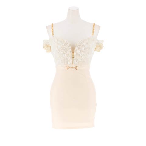 2/27新作![明日花キララ着用]谷間魅せフロントジップ×肩フリルのチェーンオフショルタイトミニ丈キャバドレス[SML/3サイズ展開](アイボリー-Sサイズ)