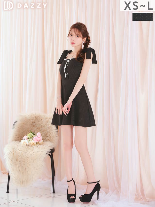 2/18新作!さりげなドット柄とリボンショルダーがCUTEガーリー！Aラインミニ丈キャバドレス[XS～L/4サイズ展開]