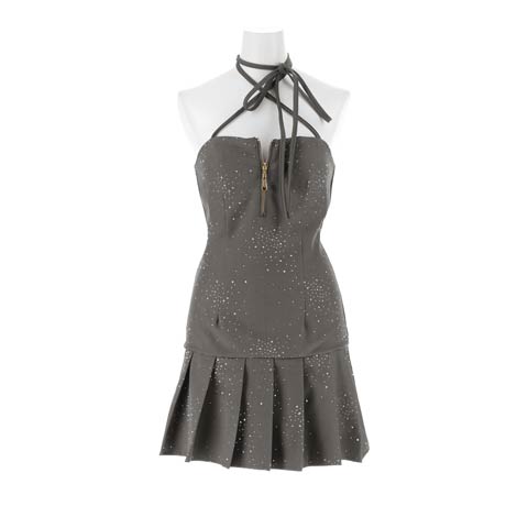 4/22新作!今っぽプリーツAライン×谷間魅せジップ♪ホルターネックで魅せる最強ミニ丈キャバドレス[S~L/4サイズ展開](ライトグレー-Sサイズ)