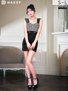 4/17新作!谷間魅せ×脚長効果♪ビジューボタンが煌めくシアーノースリーブタイトミニ丈キャバドレス[SML/3サイズ展開]