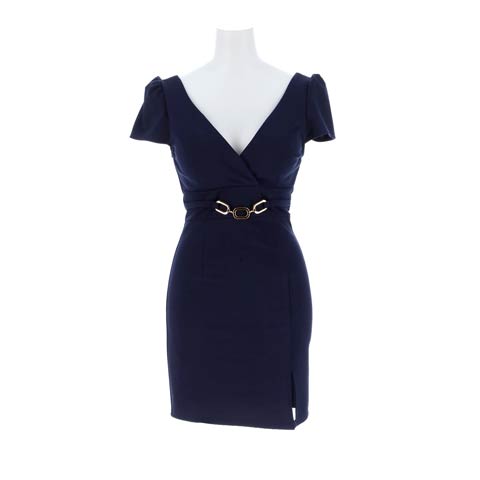 3/30新作![伊藤桃々着用]谷間魅せカシュクール×ウエスト細見せ♪チェーンベルトのスリットタイトミニ丈キャバドレス[プチプラキャバドレス][SML/3サイズ展開](ネイビー-Sサイズ)