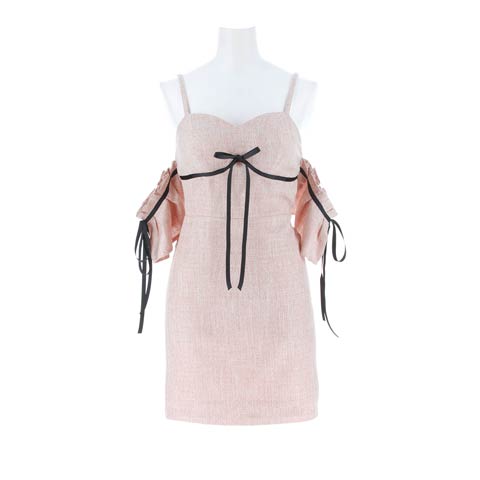 4/13新作!オフショル肩魅せ×二の腕隠し♪バイカラーリボンがあざと可愛いタイトミニ丈キャバドレス[SML/3サイズ展開](ダスティピンク-Sサイズ)