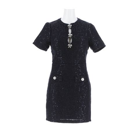 4/10新作![伊藤桃々着用]清楚なのに大胆！隙間から覗く胸元にドキッ。リボンビジュー付きツイードミニドレス[SML/3サイズ展開](ネイビー-Sサイズ)