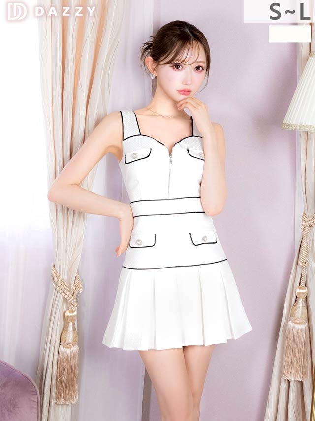 3/6新作!谷間魅せが調節できる清楚なホワイト×パイピングのAラインミニ丈キャバドレス[SML/3サイズ展開]