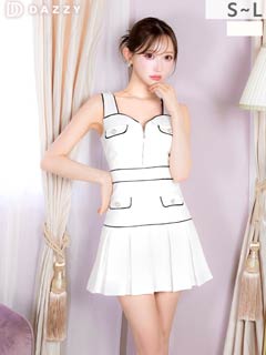 3/6新作!谷間魅せが調節できる清楚なホワイト×パイピングのAラインミニ丈キャバドレス[SML/3サイズ展開]