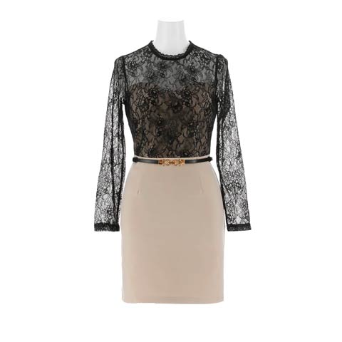 4/8新作!二の腕隠せる長袖フラワーレース×ベルト付きのくびれ強調タイトミニ丈キャバドレス[SML/3サイズ展開](ブラック×ベージュ-Sサイズ)