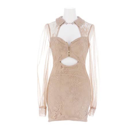 4/17新作!上品＆セクシーな透け魅せ長袖レース×谷間魅せジップのカットアウトミニ丈キャバドレス[SML/3サイズ展開](モカブラウン-Sサイズ)