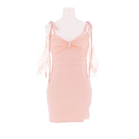 3/23新作![伊藤桃々着用]華奢見せリボン肩紐×谷間魅せのチュールオフショルタイトミニ丈キャバドレス[SML/3サイズ展開](ダスティピンク-Sサイズ)