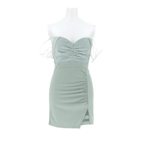 4/27新作!深Vカット×女神袖でSEXYさプラス♪ラメの輝きが目を惹くハイウエストタイトミニ丈キャバドレス[SML/3サイズ展開](ミント-Sサイズ)