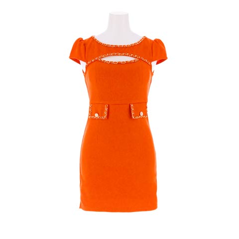 4/27新作!胸元カットアウト×ハイウエストで脚長SEXY♪ゴールドチェーンが映えるポケットデザインミニ丈キャバドレス[SML/3サイズ展開](オレンジ-Sサイズ)