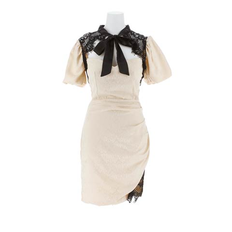 パフスリーブリボンタイシアーレースタイトミニドレス[SML/3サイズ展開](アイボリー-Sサイズ)