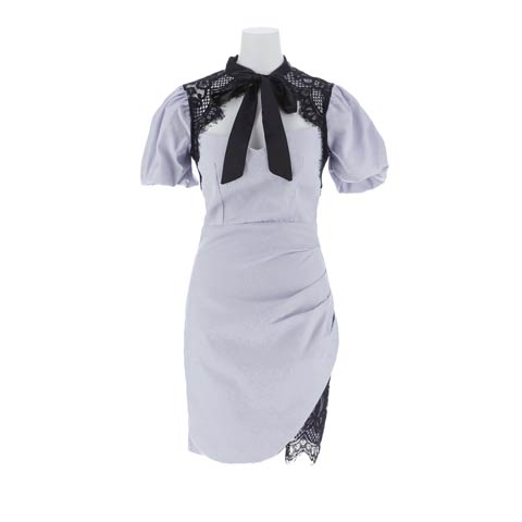 パフスリーブリボンタイシアーレースタイトミニドレス[SML/3サイズ展開](ブルーグレー-Sサイズ)