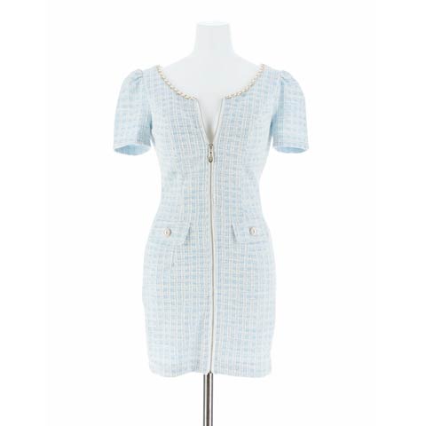 6/10再入荷! チェーンネックツイードジップアップ半袖タイトミニドレス[SML/3サイズ展開][明日花キララ着用](スカイブルー-Sサイズ)