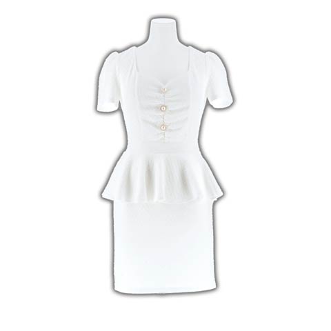 7/22再入荷!ワッフルフロントギャザーペプラム半袖タイトミニドレス[S~LL/4サイズ展開](ホワイト-Sサイズ)