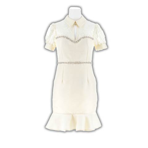 襟付きサマーツイードビジューレースパフスリーブマーメイドミニドレス[SML/3サイズ展開](アイボリー-Sサイズ)