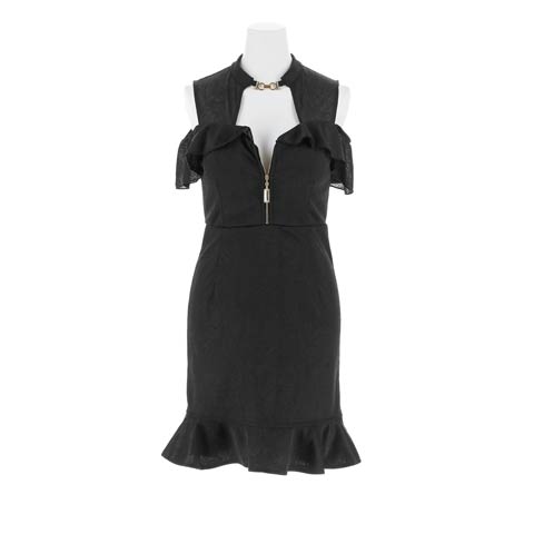 フロントジップフリルオープンショルダーマーメイドミニ丈キャバドレス[SML/3サイズ展開][伊藤桃々着用](ブラック-Sサイズ)