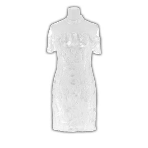 ハイネックボタニカルドッキングシアーフレア袖タイトミニ丈キャバドレス[SML/3サイズ展開](ホワイト-Sサイズ)