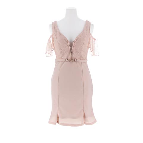 8/14再入荷!オフショルレースフリル袖フロントジップマーメイドミニ丈キャバドレス[SML/3サイズ展開][伊藤桃々着用](ダスティピンク-Sサイズ)